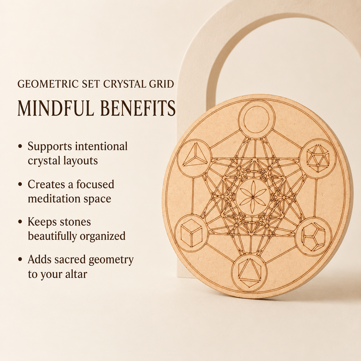 Sacred Geometry Crystal Grid Board, 6" Wooden Crystal Grid Plate DestGlow