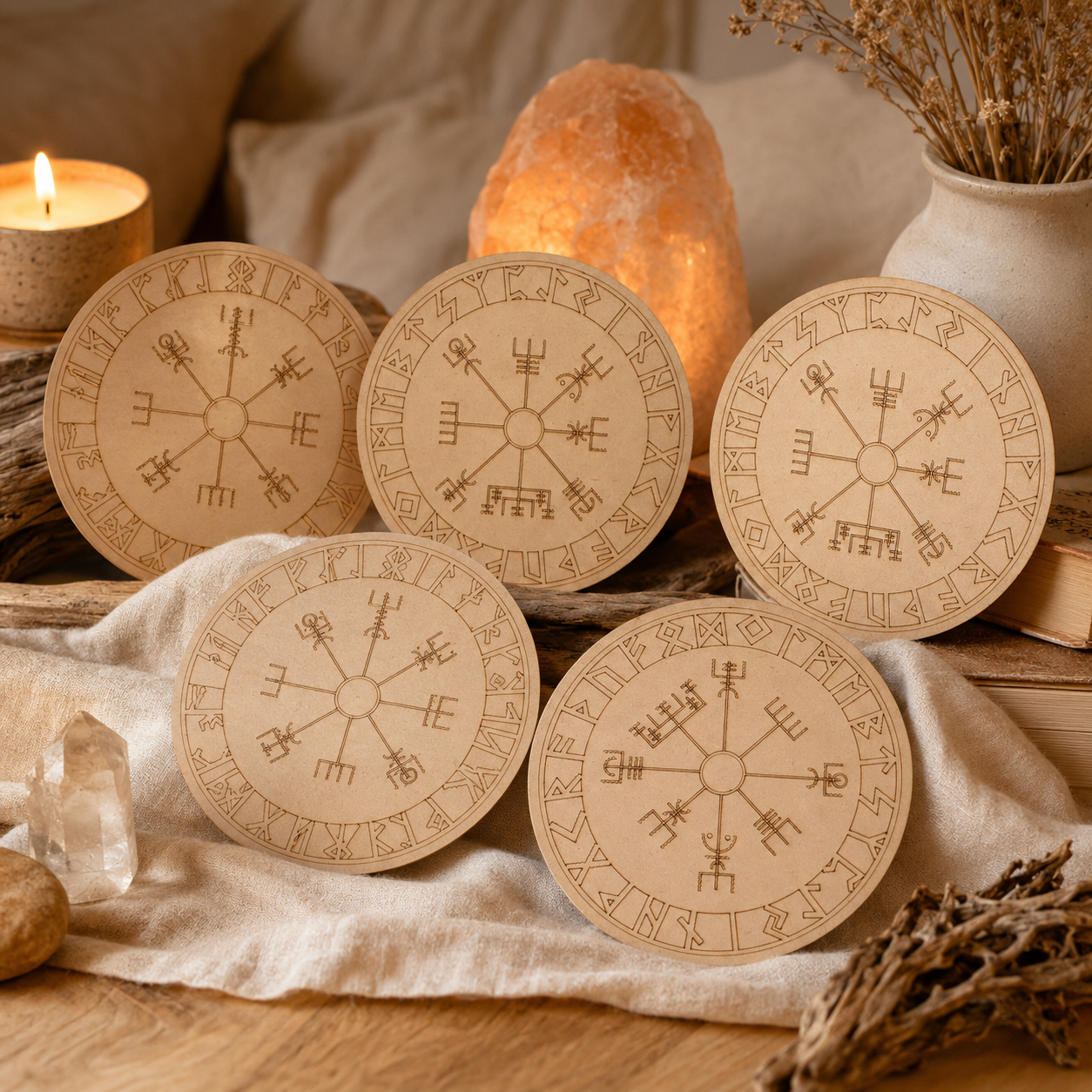 Norse Runes Crystal Grid Board, Wooden 6" Vegvisir Grid Plate DestGlow