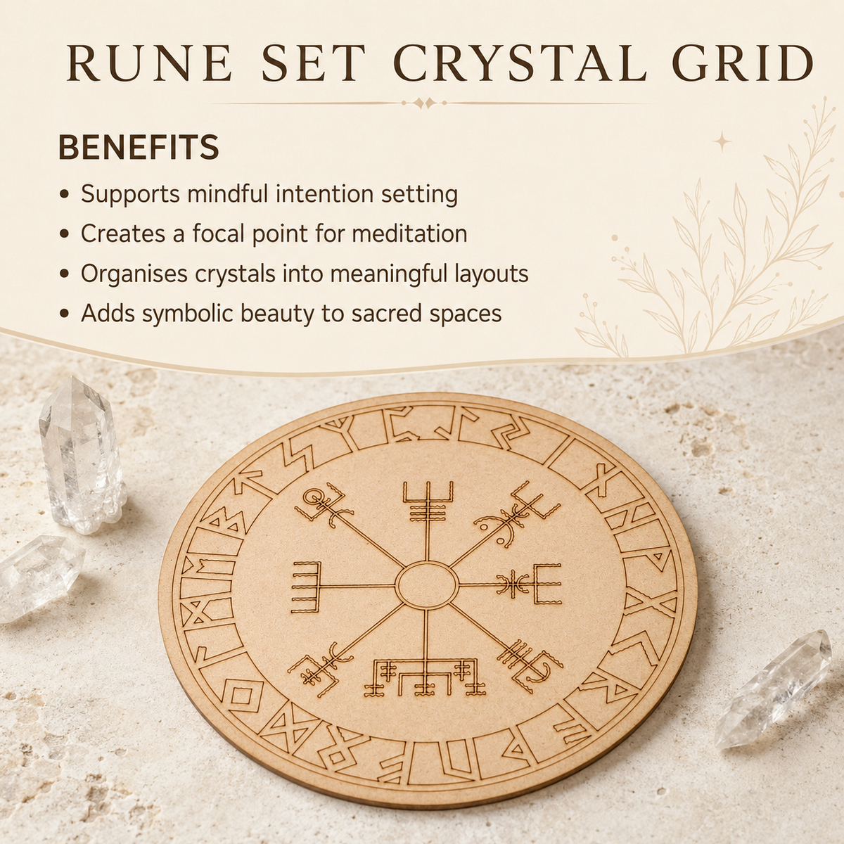 Norse Runes Crystal Grid Board, Wooden 6" Vegvisir Grid Plate DestGlow