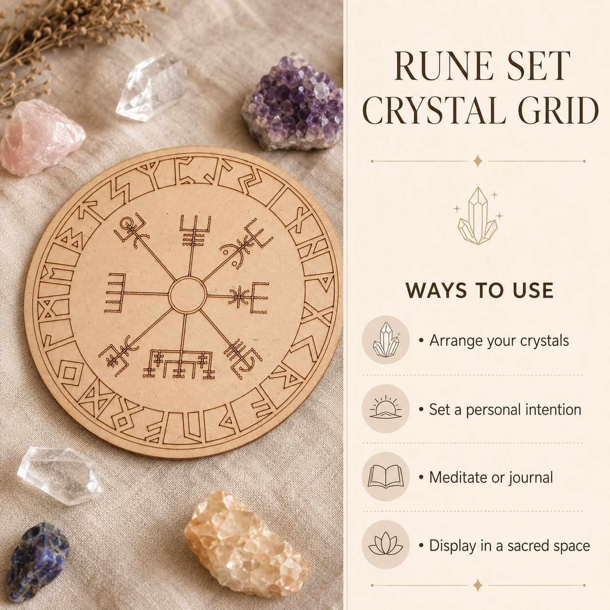 Norse Runes Crystal Grid Board, Wooden 6" Vegvisir Grid Plate DestGlow
