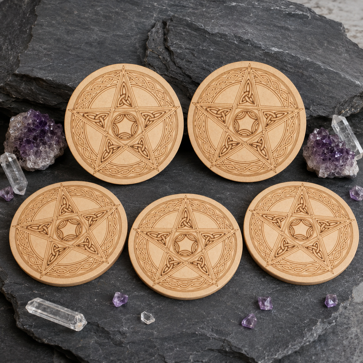 Pentacle Crystal Grid Board, 6" Wooden Crystal Grid Plate DestGlow