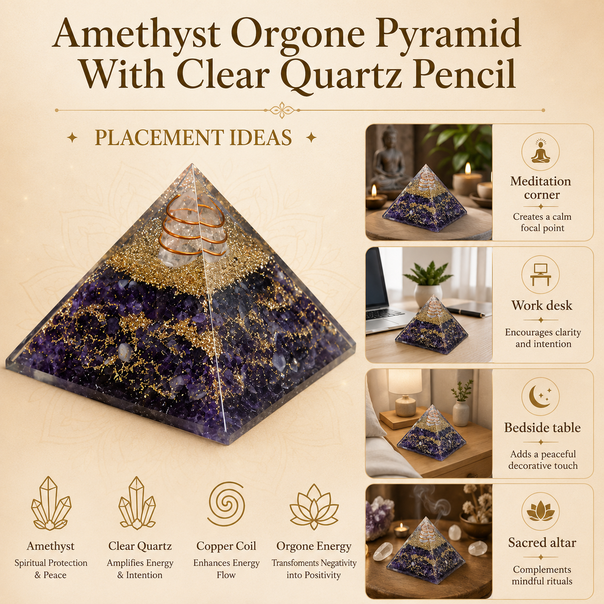 Amethyst Orgone pyramid With Clear Quartz Crystal Pencil DestGlow