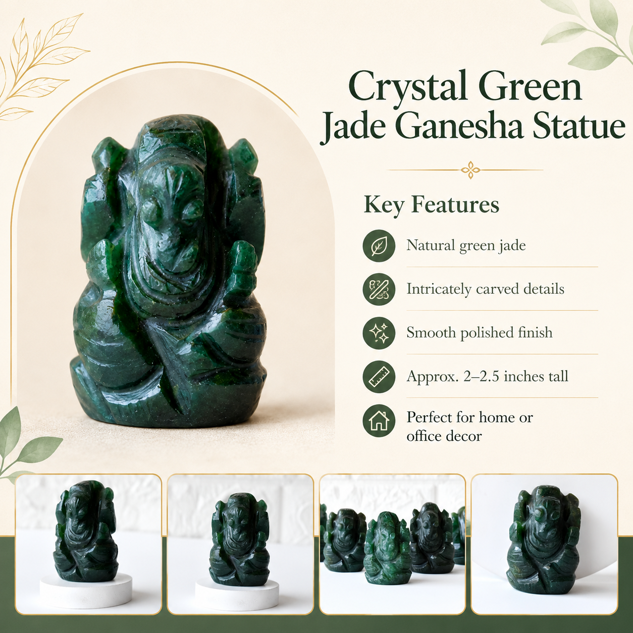 Green Jade Ganesha Statue (Wisdom and Balance) DestGlow