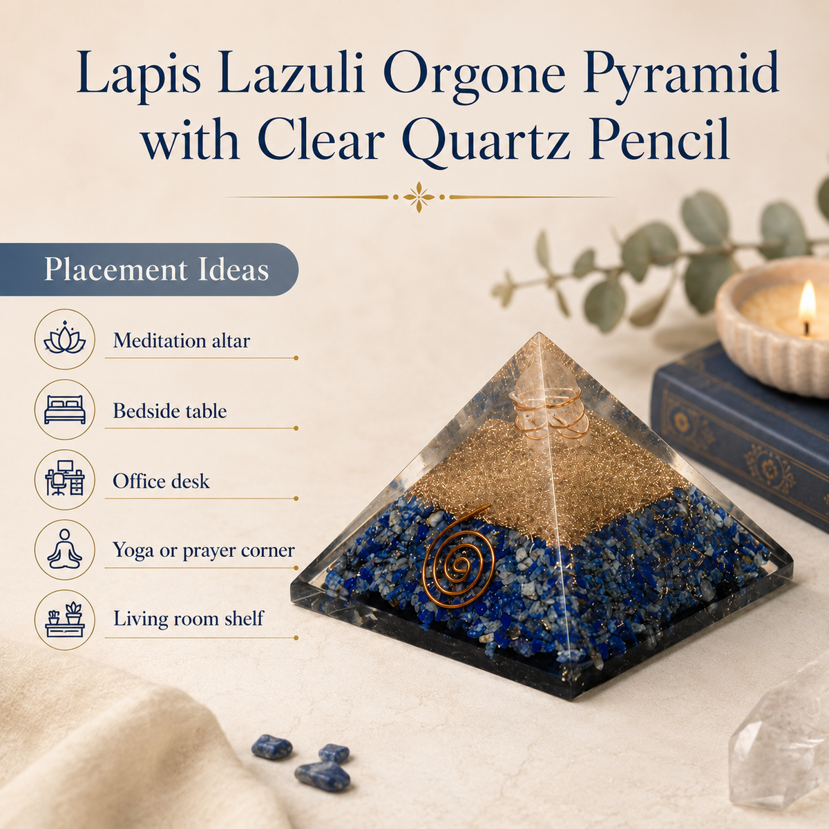 Lapis Lazuli Orgone pyramid, Clear Quartz Crystal Pencil DestGlow