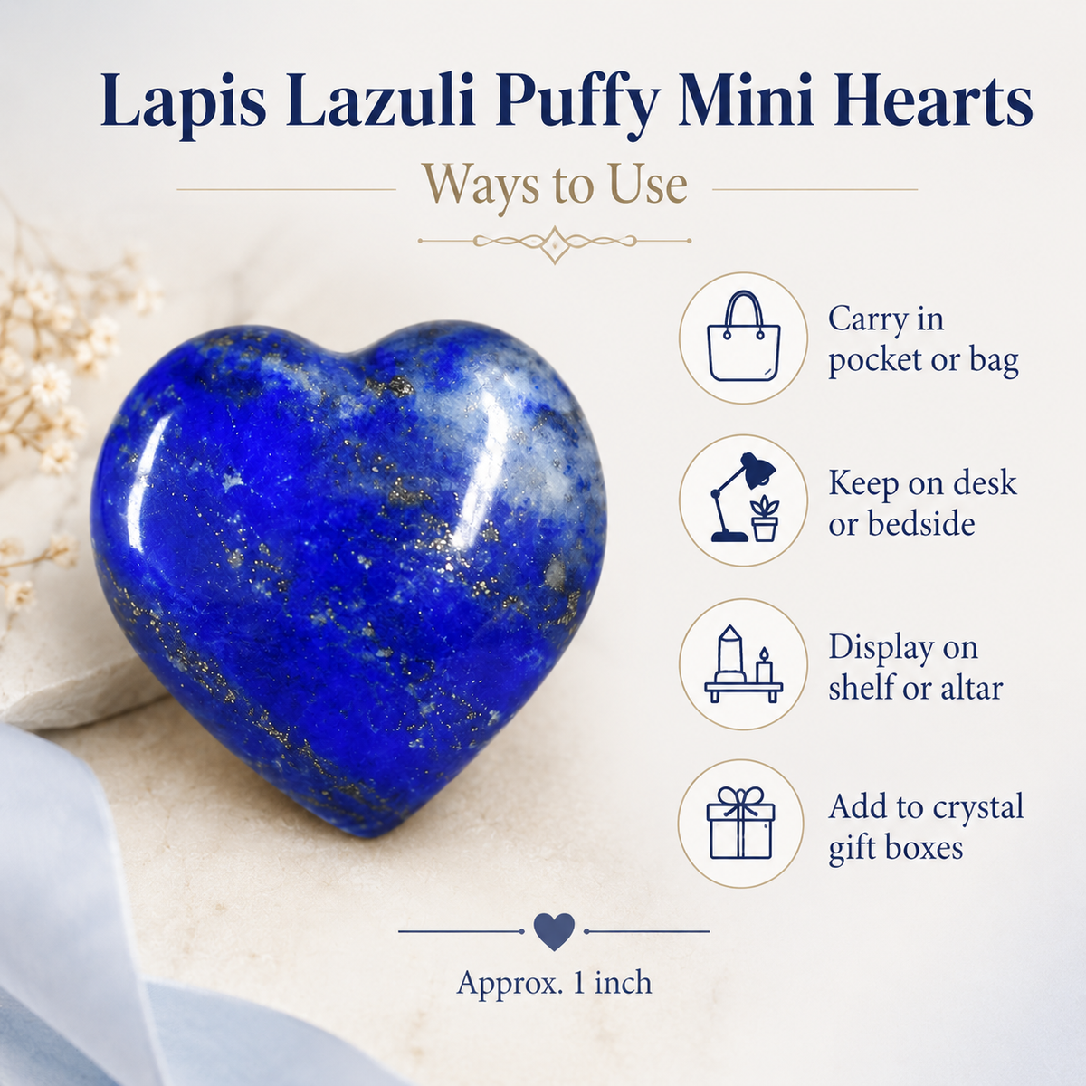 Lapis Lazuli Heart Crystal, Puffy Mini 1 Inch Pocket Crystal Heart DestGlow
