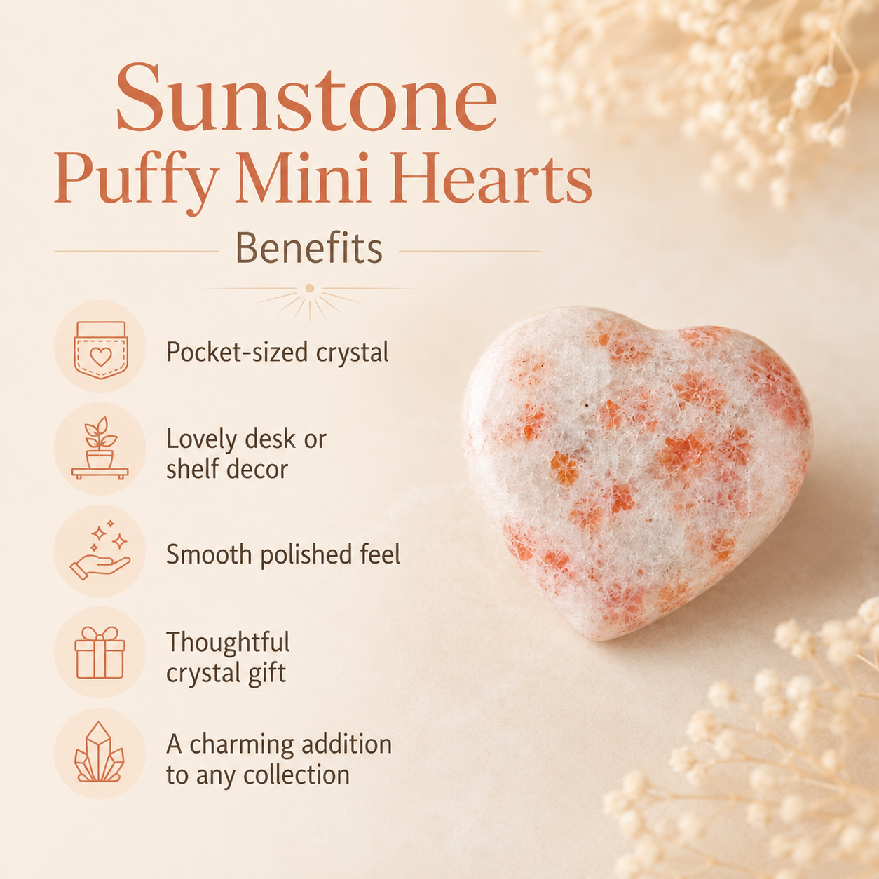 Sunstone Heart Crystal, Puffy Mini 1 Inch Pocket Crystal Heart. DestGlow