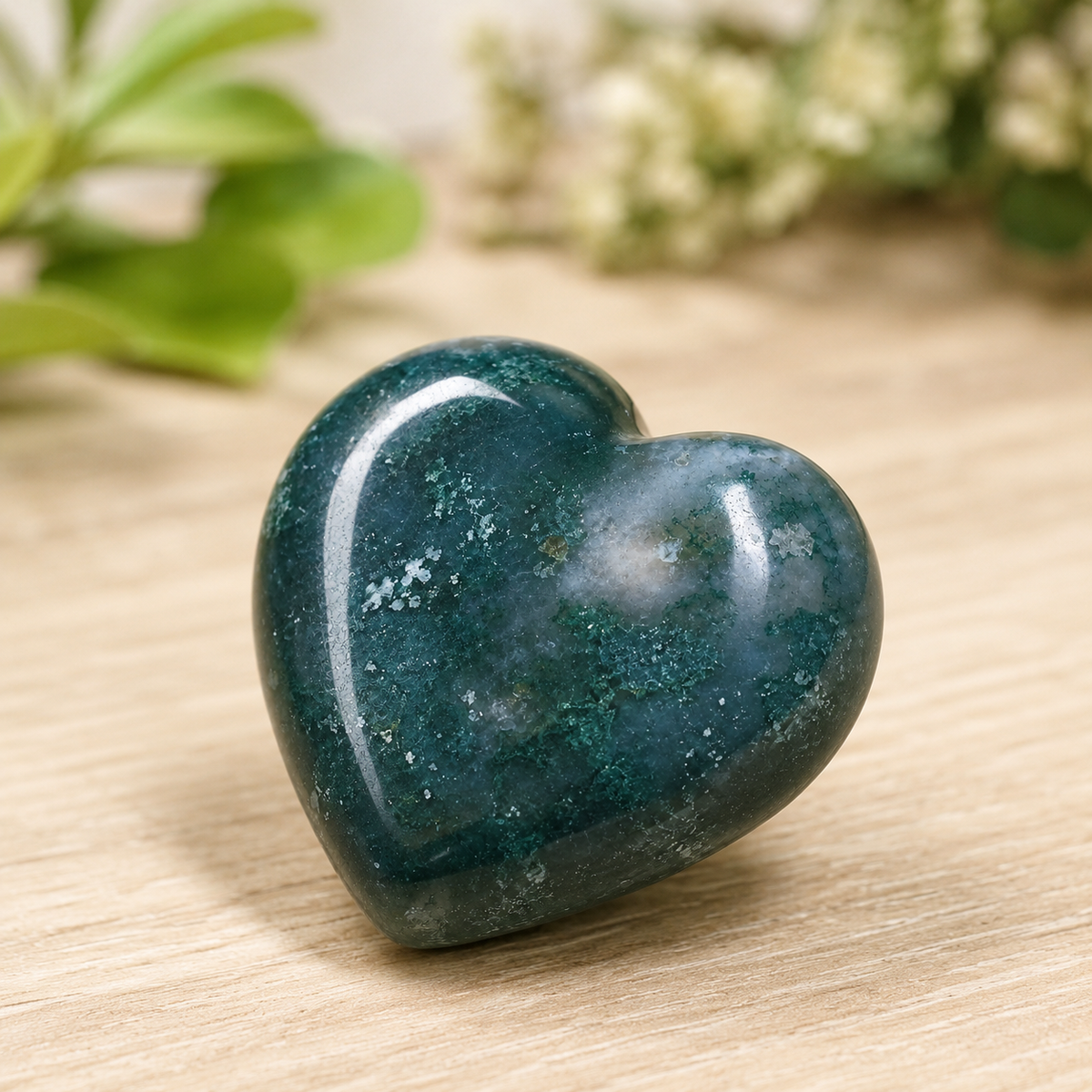 Moss Agate Heart Crystal, Puffy Mini 1 Inch Pocket Crystal Heart.