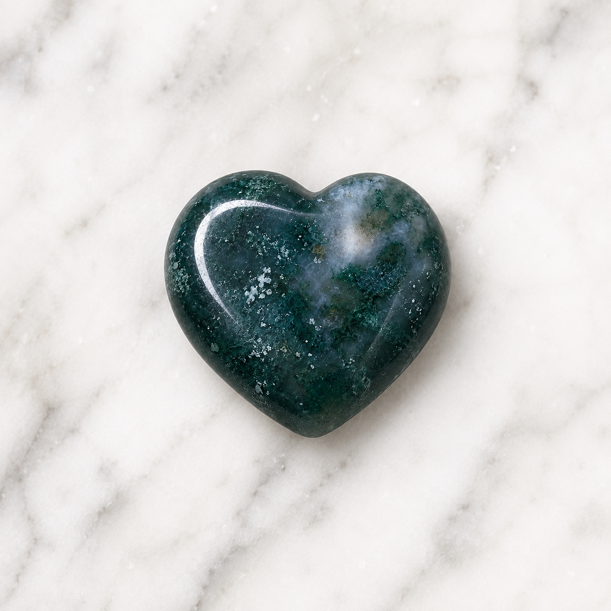 Moss Agate Heart Crystal, Puffy Mini 1 Inch Pocket Crystal Heart. DestGlow