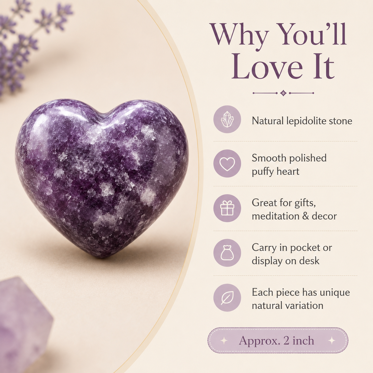 Polished Lepidolite Heart Crystal, Puffy Mini 2 Inch Pocket Crystal Heart DestGlow