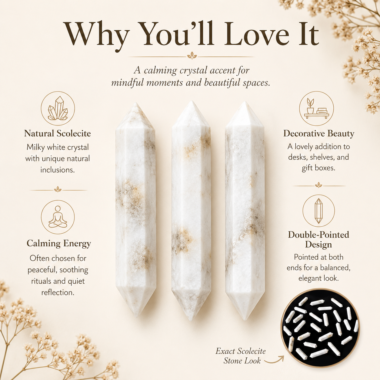 Scolecite Double Terminated Point Pencil, Scolecite Point DestGlow