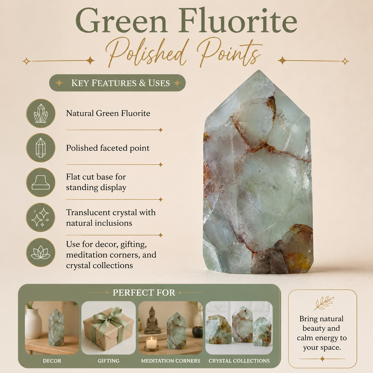 Polished Green Fluorite Points (Focus and Manifestation) DestGlow
