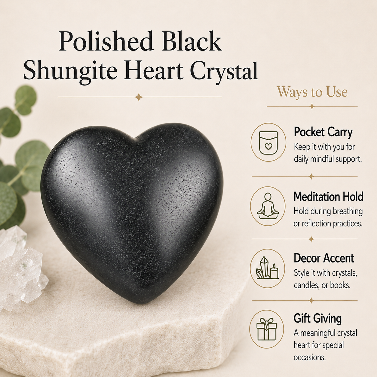 Polished Black Shungite Heart Crystal, Puffy Mini 2 Inch Pocket Crystal Heart DestGlow
