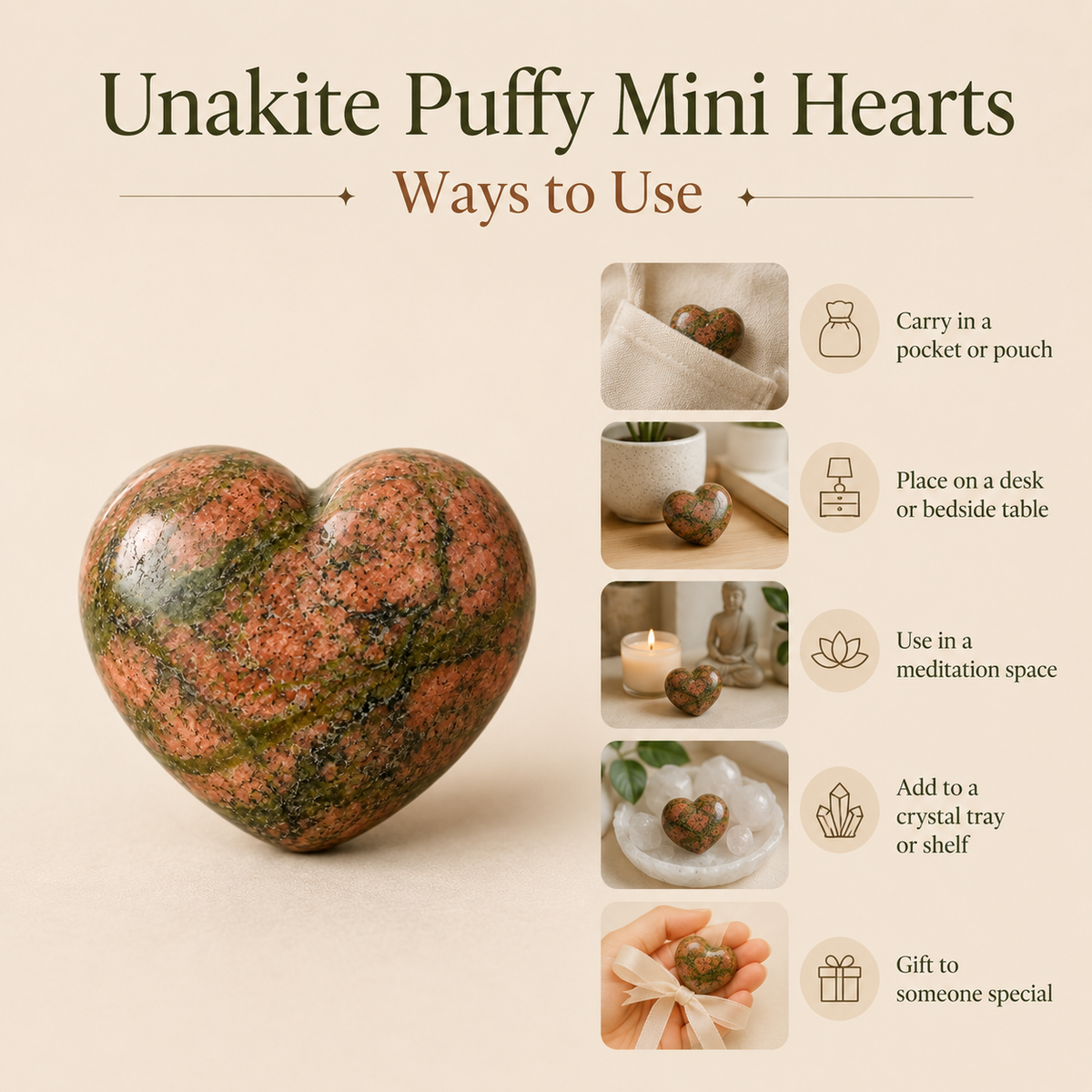 Polished Unakite Heart Crystal, Puffy Mini 2 Inch Pocket Crystal Heart DestGlow