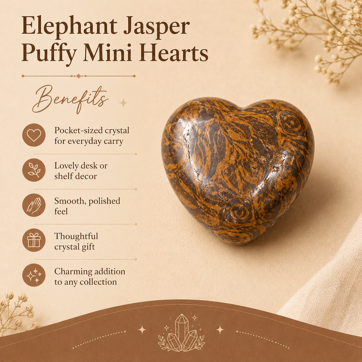 Elephant Jasper Heart Crystal, Puffy Mini 1 Inch Pocket Crystal Heart DestGlow