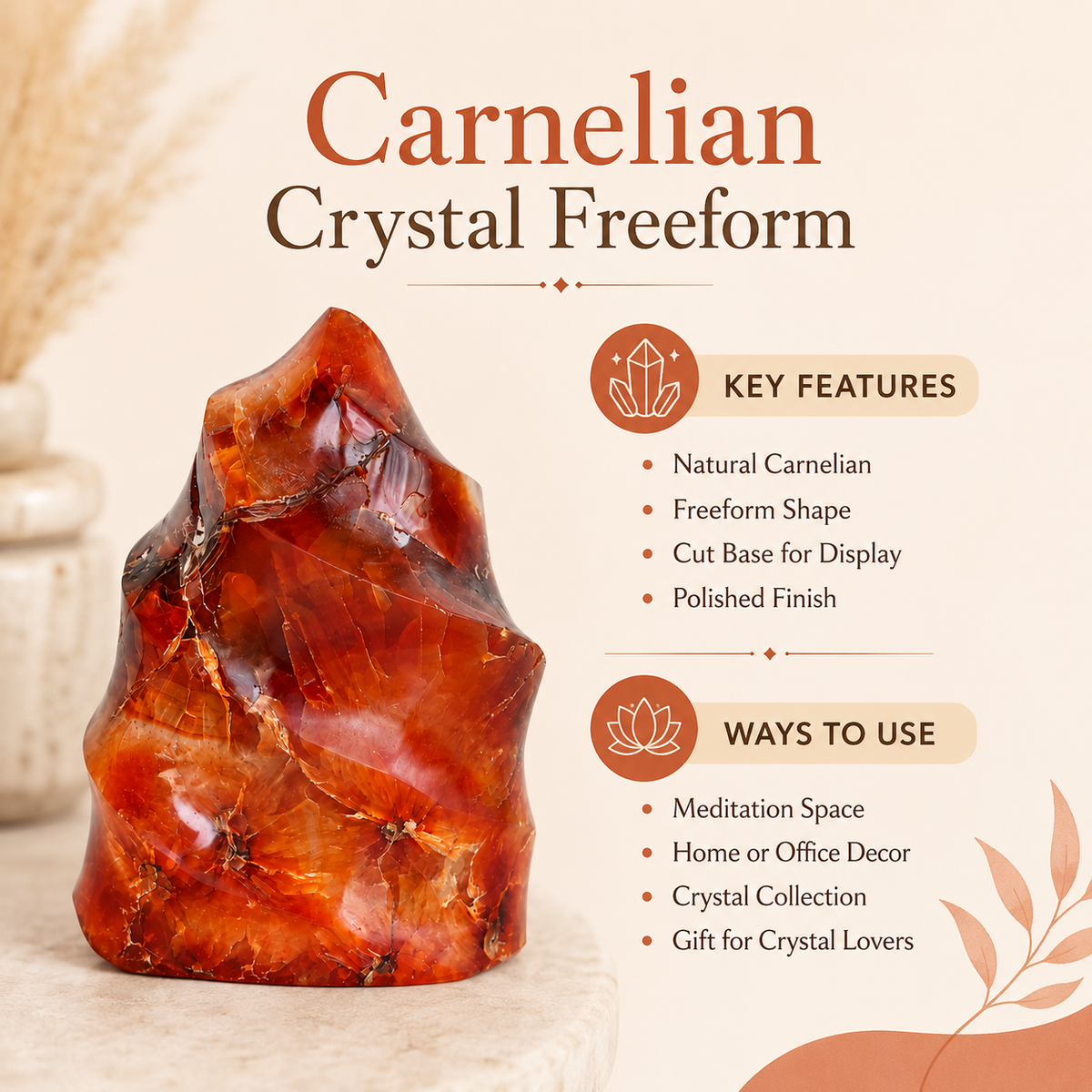 Polished Carnelian Freeform Crystal (Courage and Confidence ) DestGlow