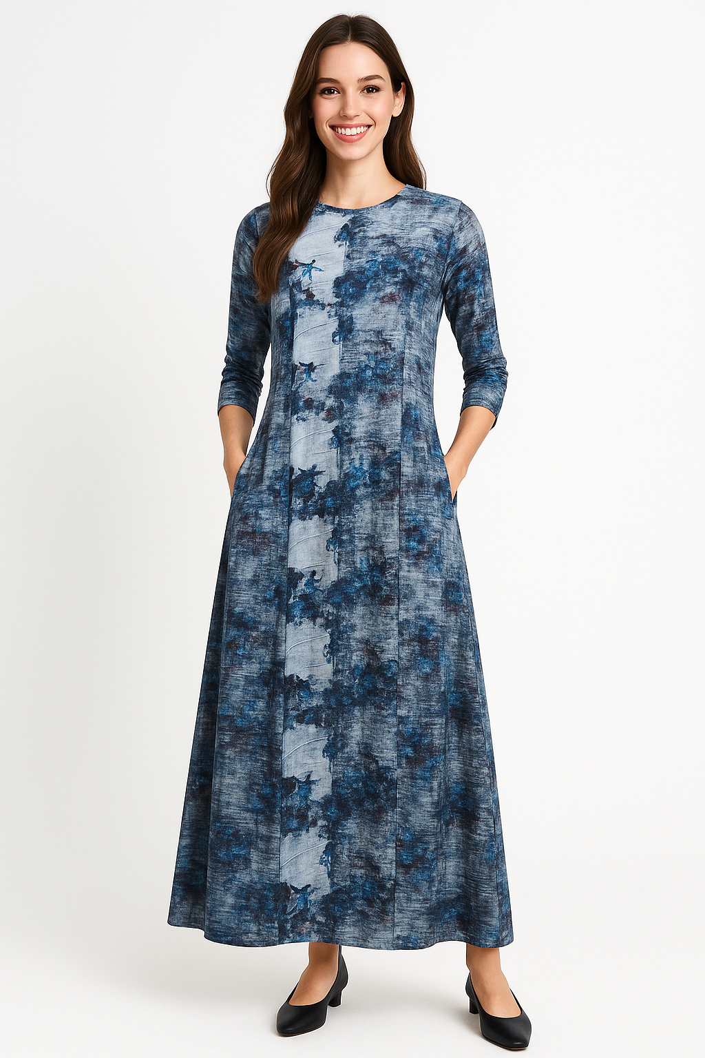 Fitted Bodice Maxi Summer Dress with 3/4 Sleeves with Pockets by Kosher Casual USA