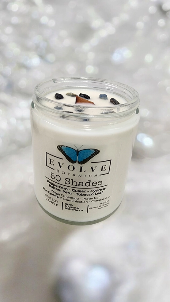 Classic 9oz Jam Jar Crystal Soy Candle - 50 Shades (Onyx & Blue Kyanite)
