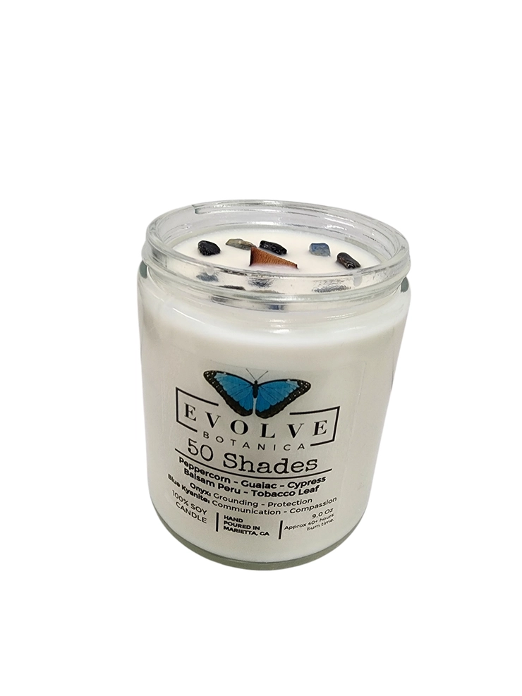 Classic 9oz Jam Jar Crystal Soy Candle - 50 Shades (Onyx & Blue Kyanite)