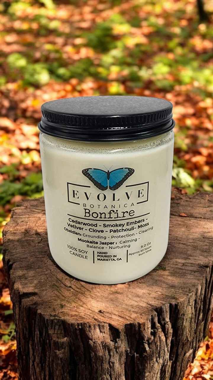 Classic 9oz Jam Jar Crystal Soy Candle - Bonfire (Obsidian & Mookaite)