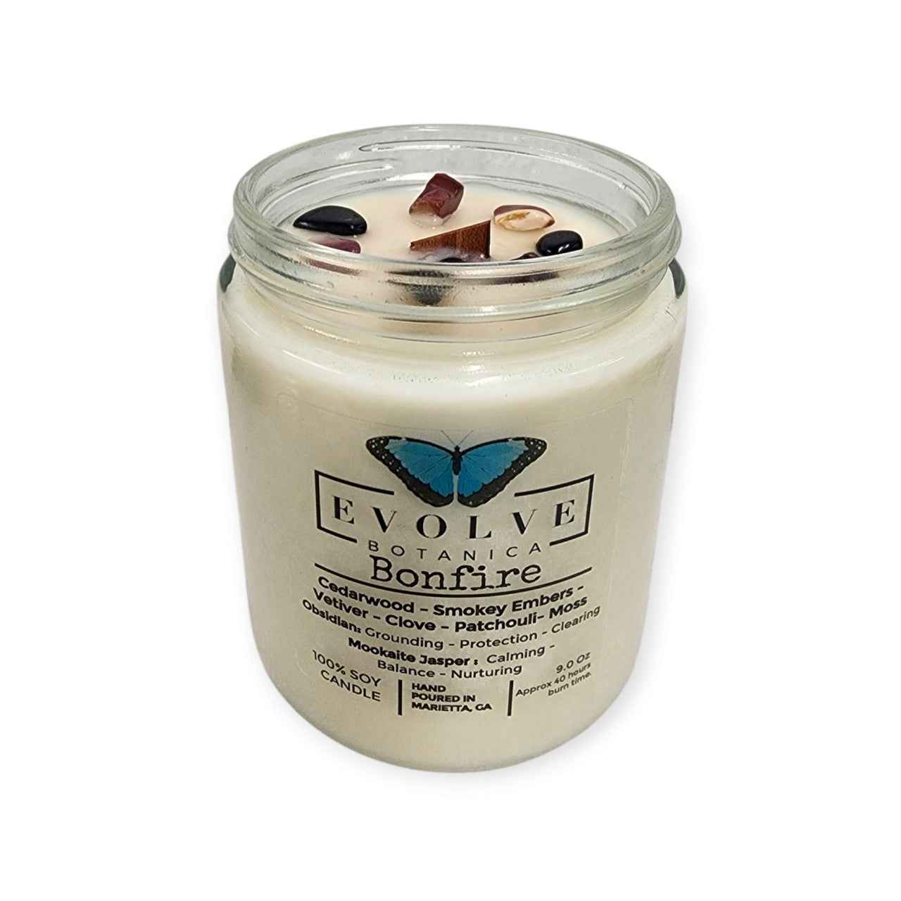 Classic 9oz Jam Jar Crystal Soy Candle - Bonfire (Obsidian & Mookaite)