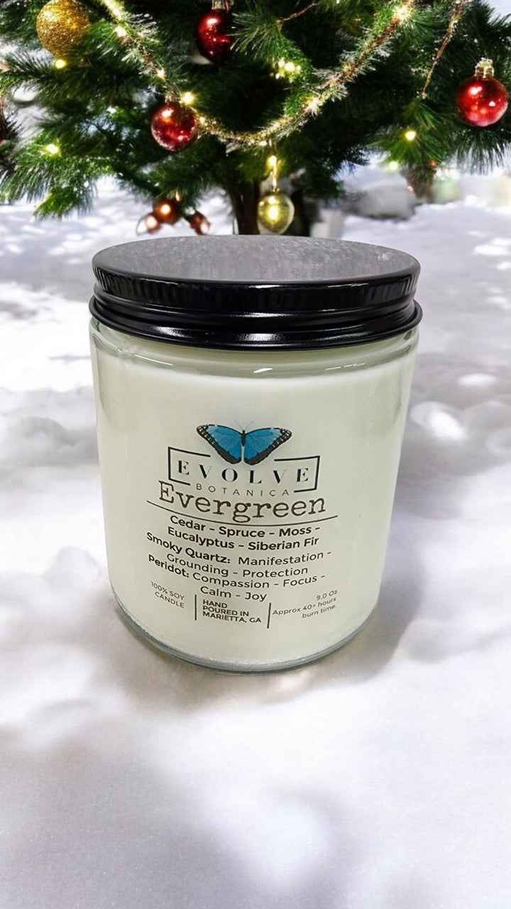 Classic 9oz Jam Jar Crystal Soy Candle - Evergreen (Smoky Quartz & Peridot)