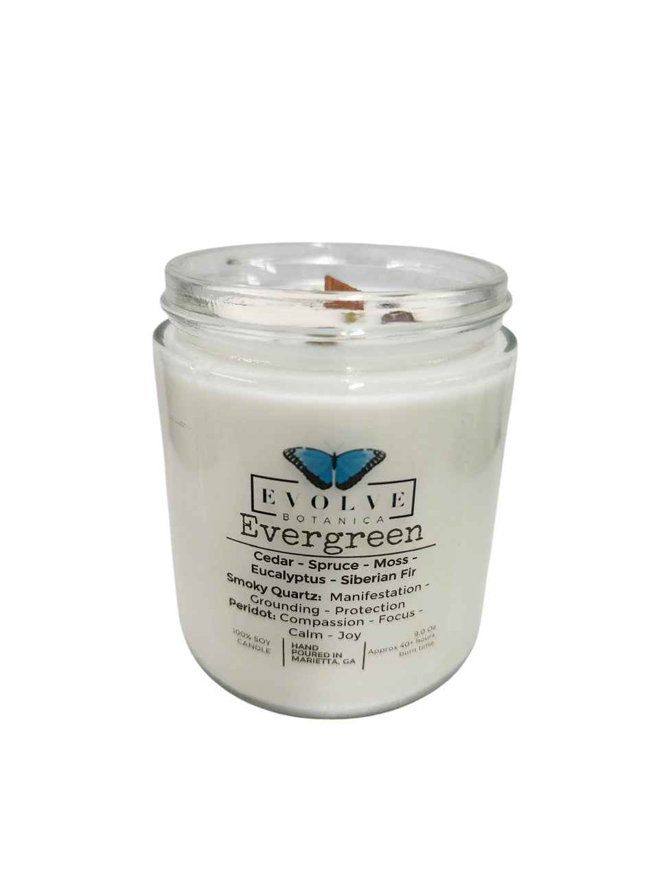 Classic 9oz Jam Jar Crystal Soy Candle - Evergreen (Smoky Quartz & Peridot)