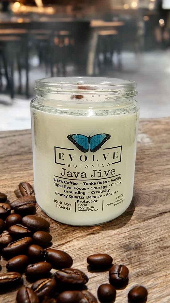 Classic 9oz Jam Jar Crystal Soy Candle - Java Jive (Tiger Eye & Smoky Quartz)