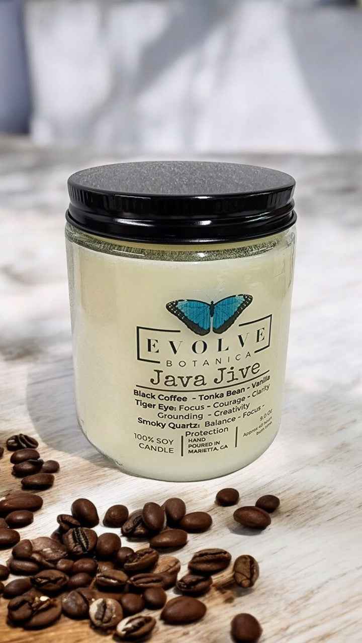 Classic 9oz Jam Jar Crystal Soy Candle - Java Jive (Tiger Eye & Smoky Quartz)