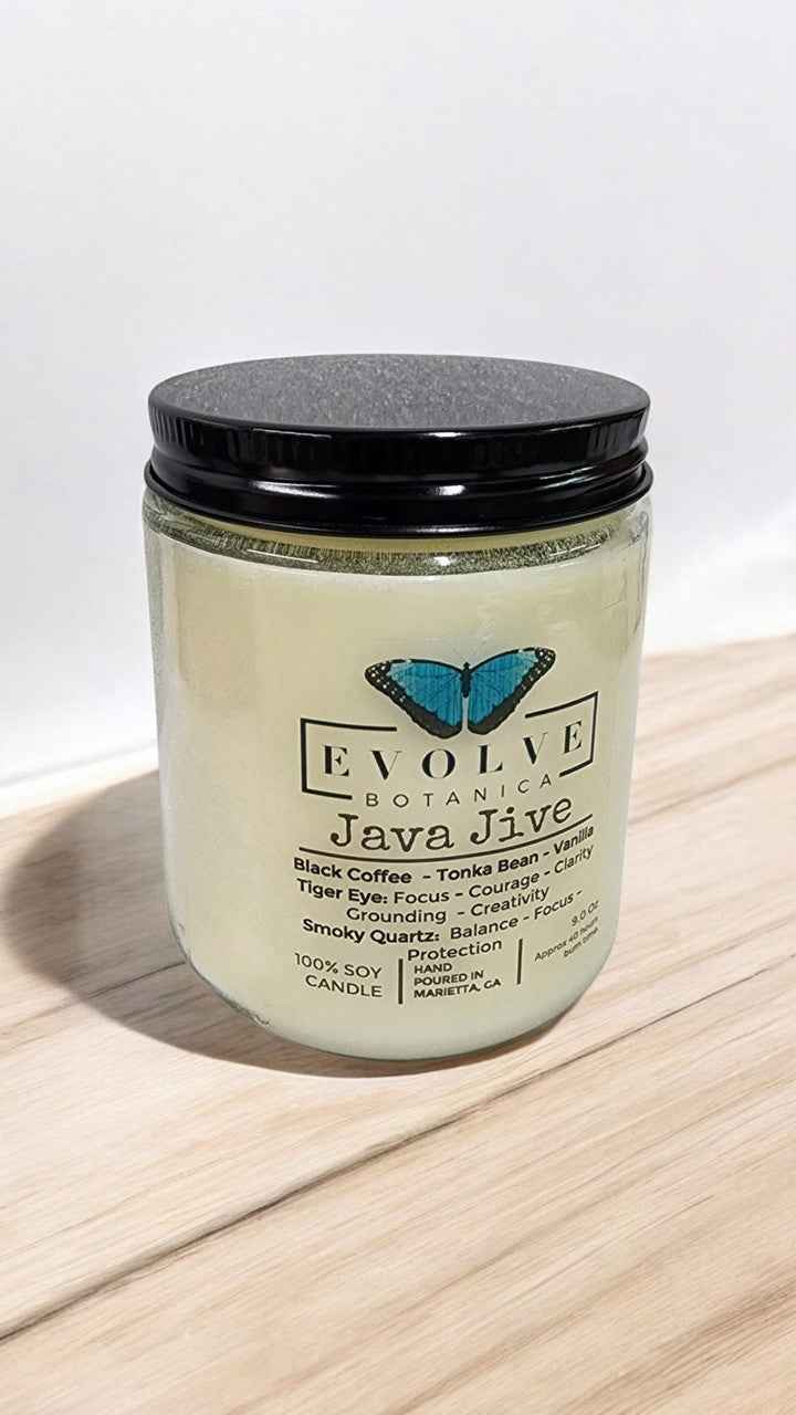 Classic 9oz Jam Jar Crystal Soy Candle - Java Jive (Tiger Eye & Smoky Quartz)