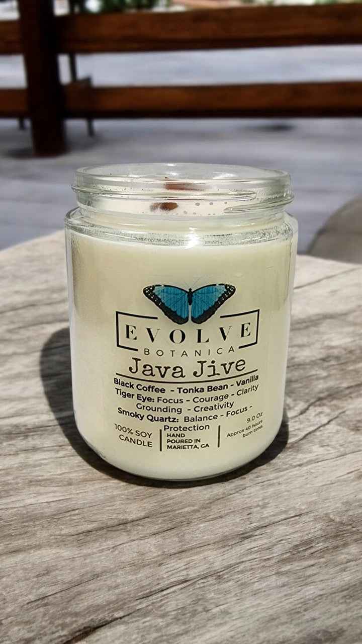 Classic 9oz Jam Jar Crystal Soy Candle - Java Jive (Tiger Eye & Smoky Quartz)