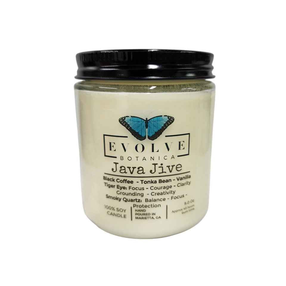 Classic 9oz Jam Jar Crystal Soy Candle - Java Jive (Tiger Eye & Smoky Quartz)