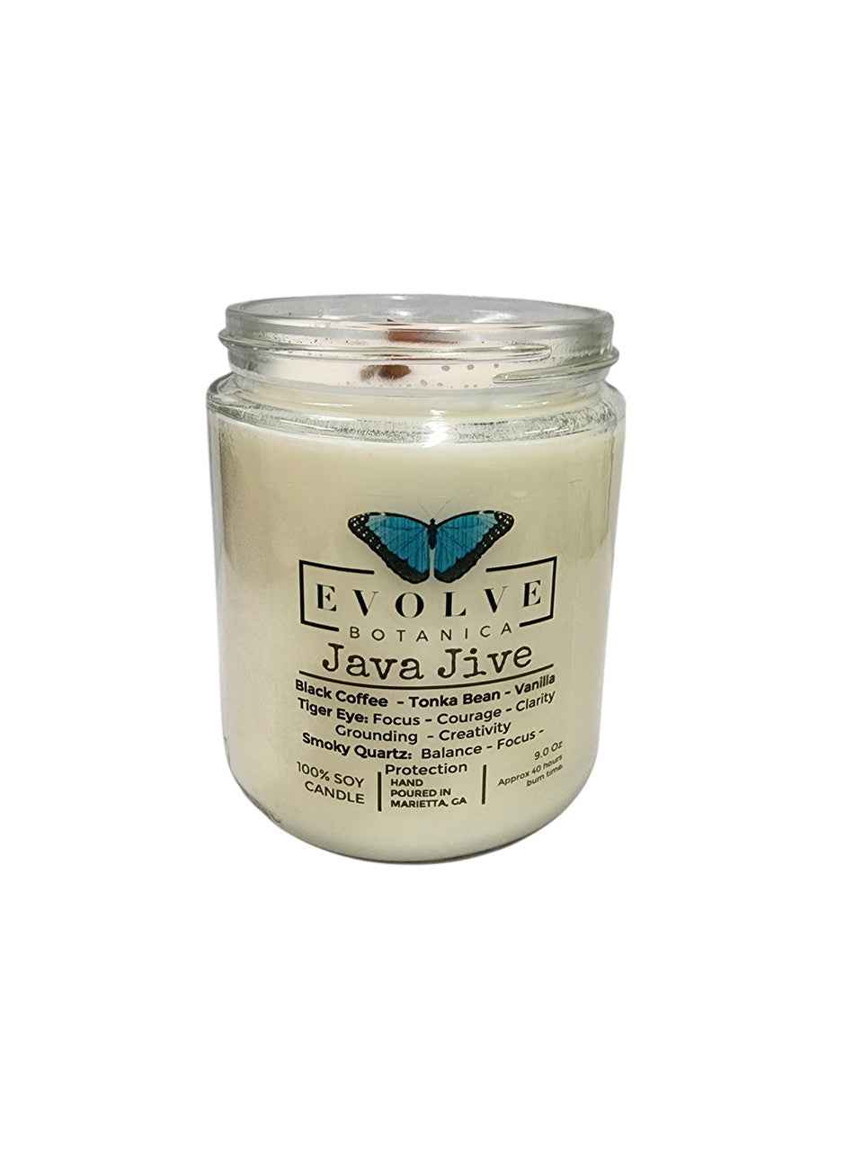 Classic 9oz Jam Jar Crystal Soy Candle - Java Jive (Tiger Eye & Smoky Quartz)