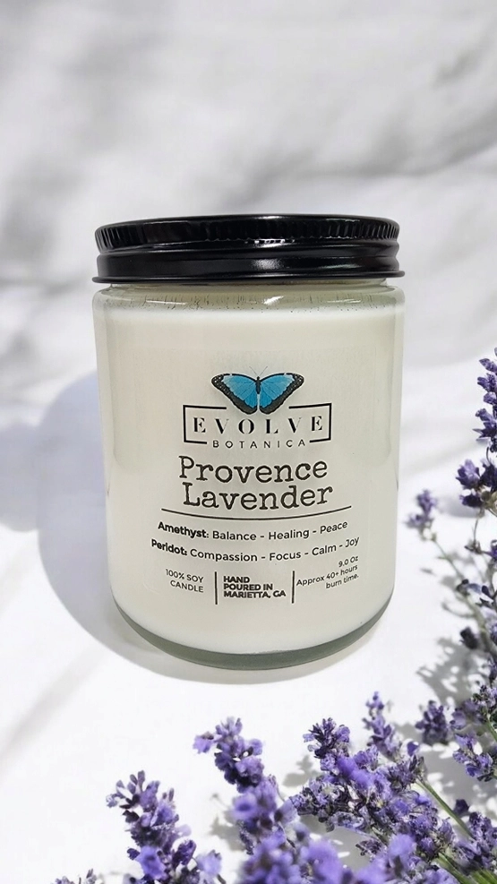 Classic 9oz Jam Jar Crystal Soy Candle - Provence Lavender (Amethyst & Peridot)