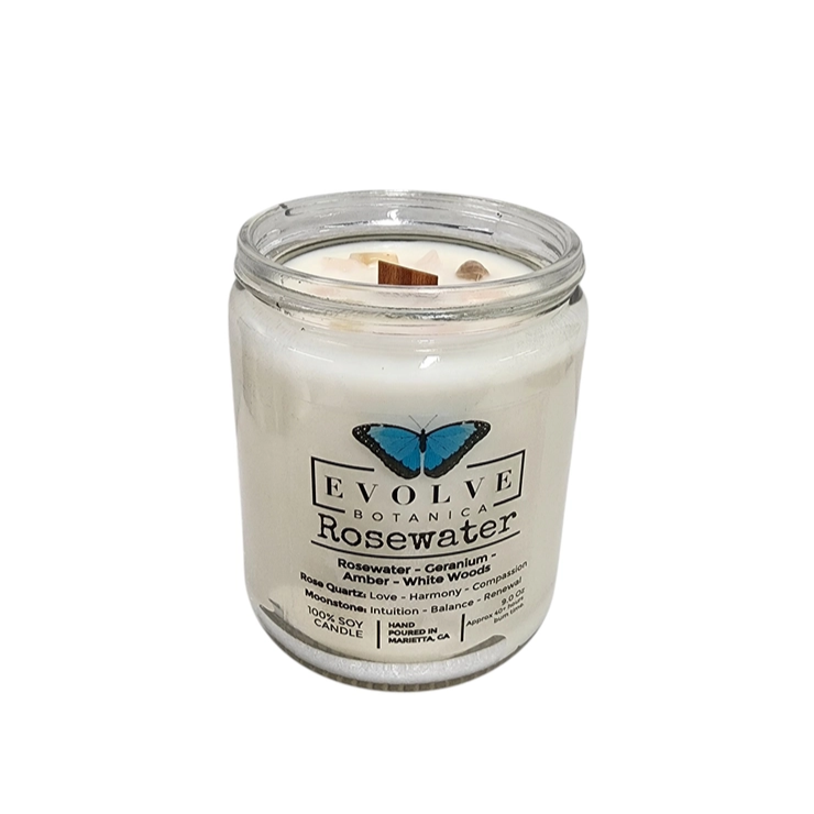 Classic 9oz Jam Jar Crystal Soy Candle - Rosewater (Rose Quartz & Moonstone)