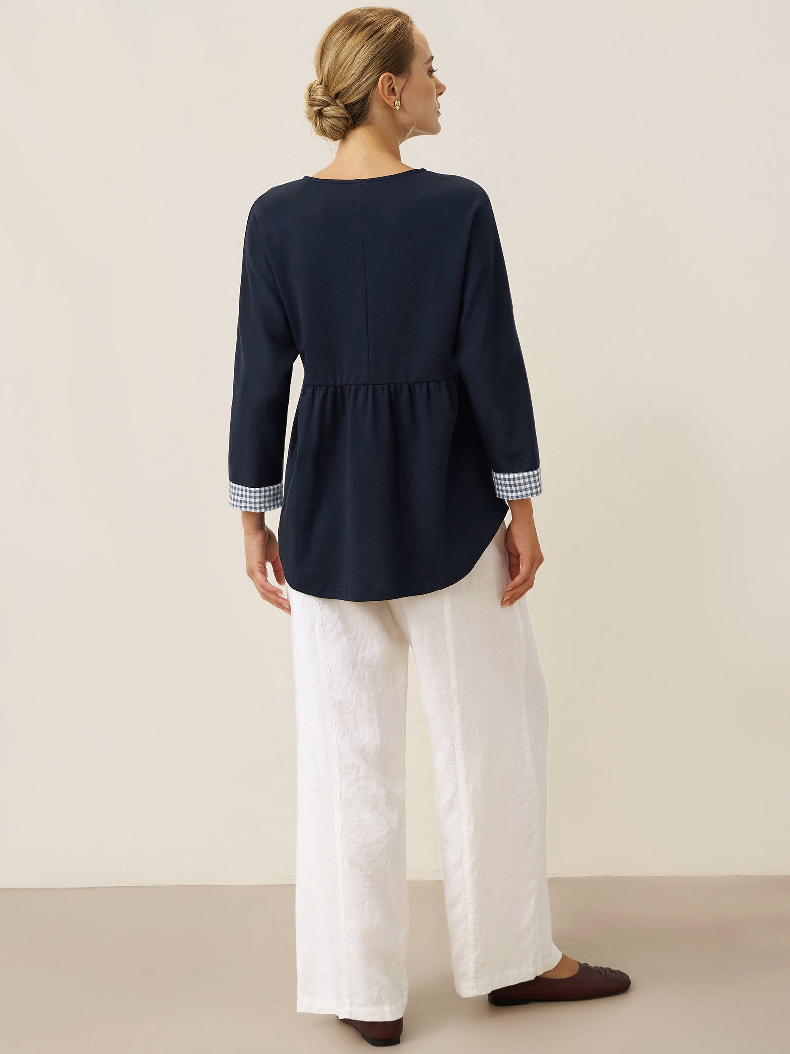 Organic Cotton Patchwork Cuff Button Decor Top AUDREY DestGlow