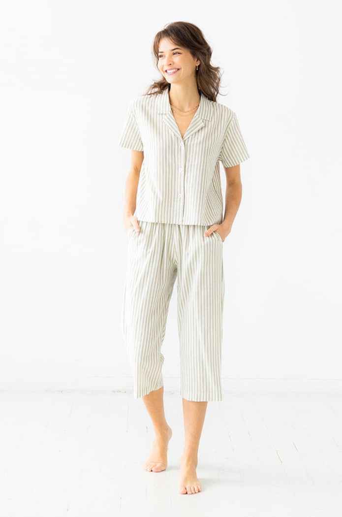 Cropped Button Down-High Waisted Striped Capri