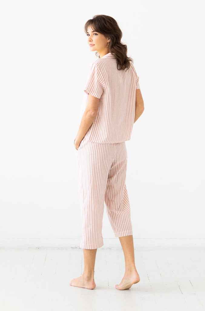 Cropped Button Down-High Waisted Striped Capri
