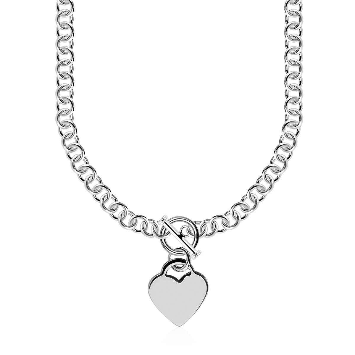 Sterling Silver Rolo Chain with a Heart Toggle Charm and Rhodium Plating