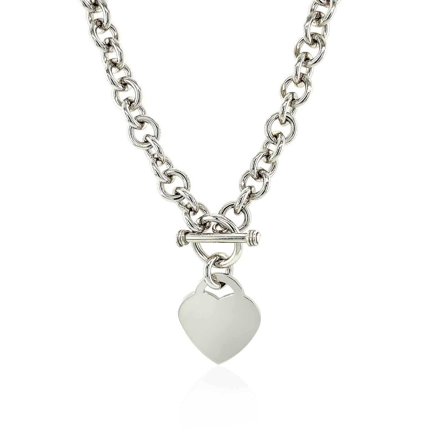 Sterling Silver Rolo Chain with a Heart Toggle Charm and Rhodium Plating