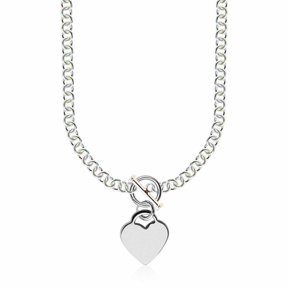 Sterling Silver Rhodium Plated Rolo Chain Necklace with a Heart Toggle Charm DestGlow