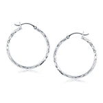 14k White Gold Diamond Cut Hoop Earrings(2x30mm) - earrings