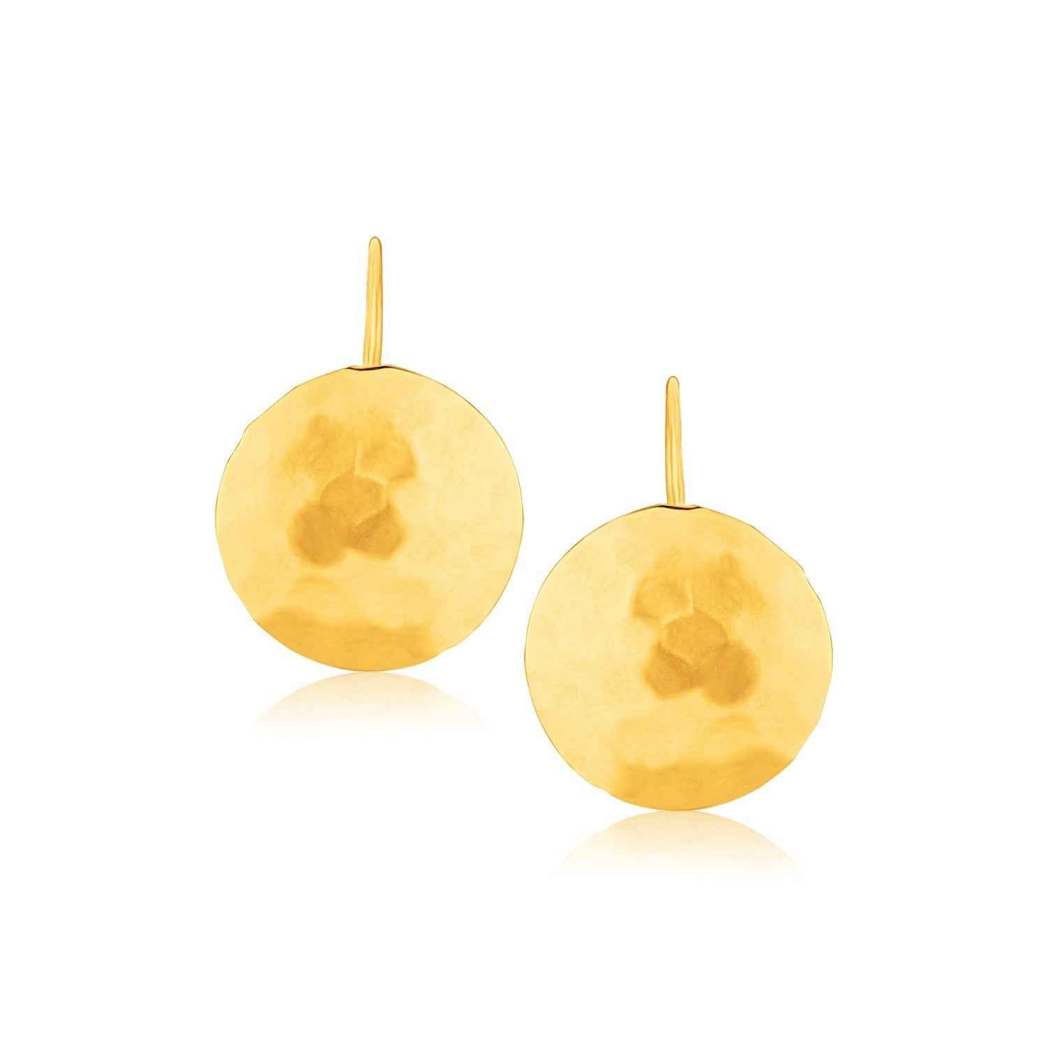 14k Yellow Gold Hammered Texture Disc Drop Earrings Medium - earrings