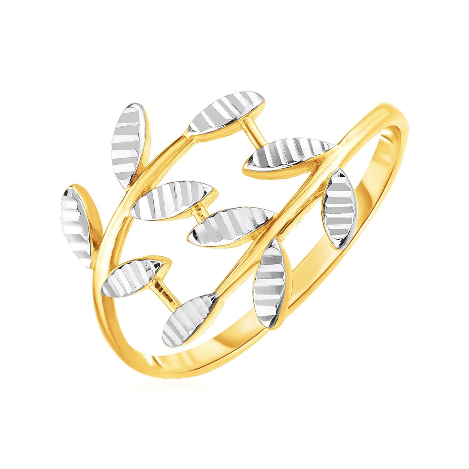 14k Two Tone Gold Crossover Ring with Textured Leaves DestGlow