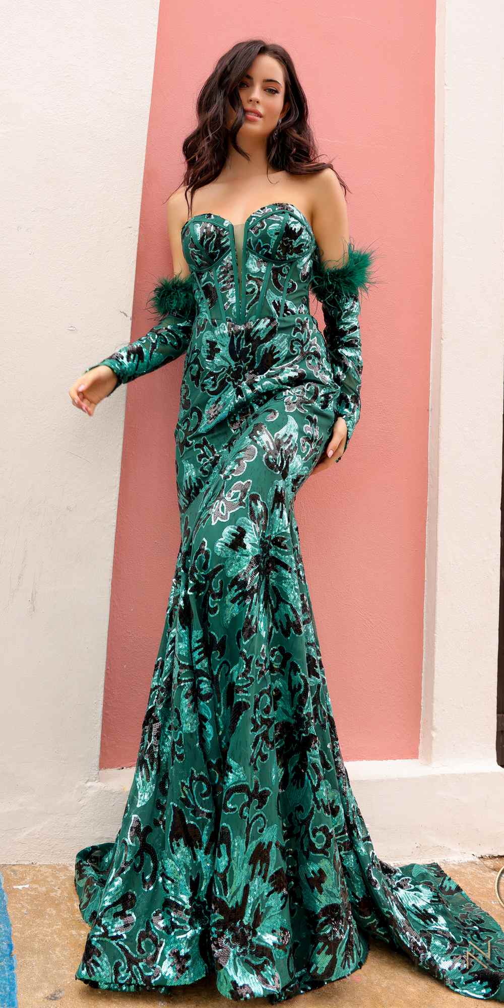 Nox Anabel D1269 Detachable Long Sleeves Floral Sequin Mermaid Gown by DiscountDressShop