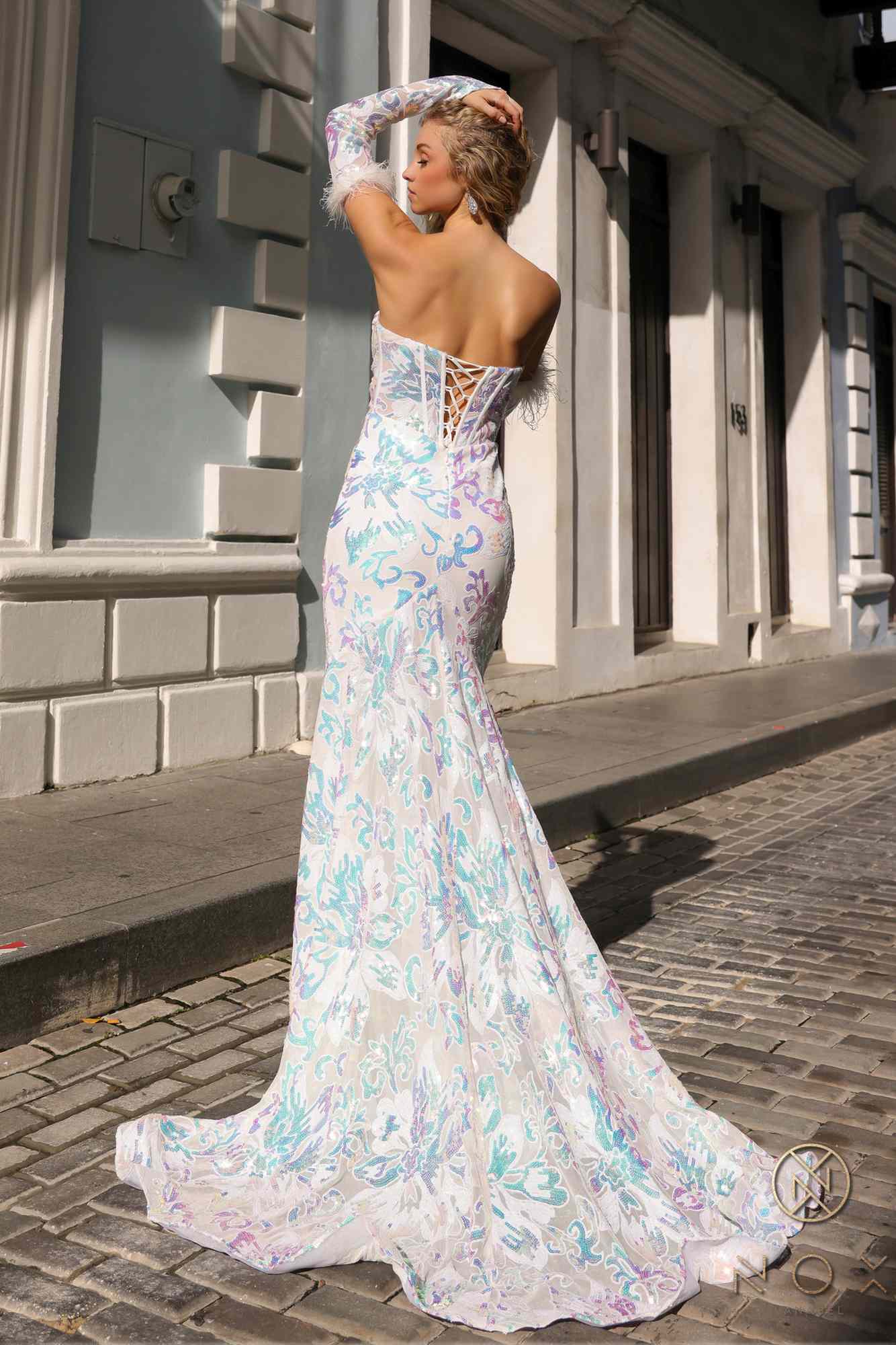 Nox Anabel D1269 Detachable Long Sleeves Floral Sequin Mermaid Gown by DiscountDressShop