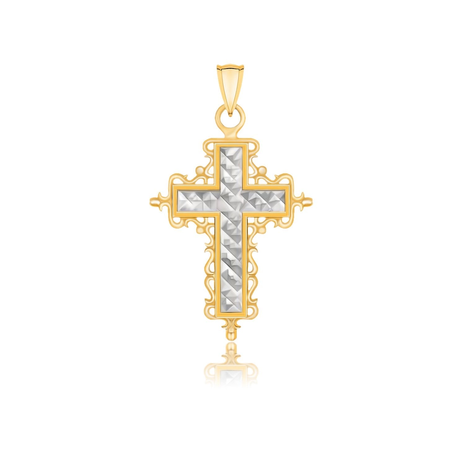 14k Two-Tone Gold Diamond Cut and Baroque Inspired Cross Pendant by Avera Group