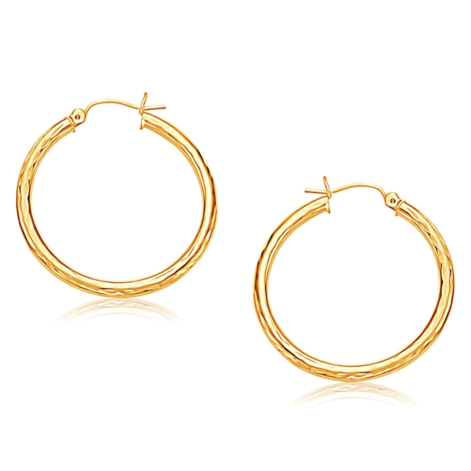 14k Yellow Gold Hoop Earring with Diamond-Cut Finish (3x30mm) - earrings