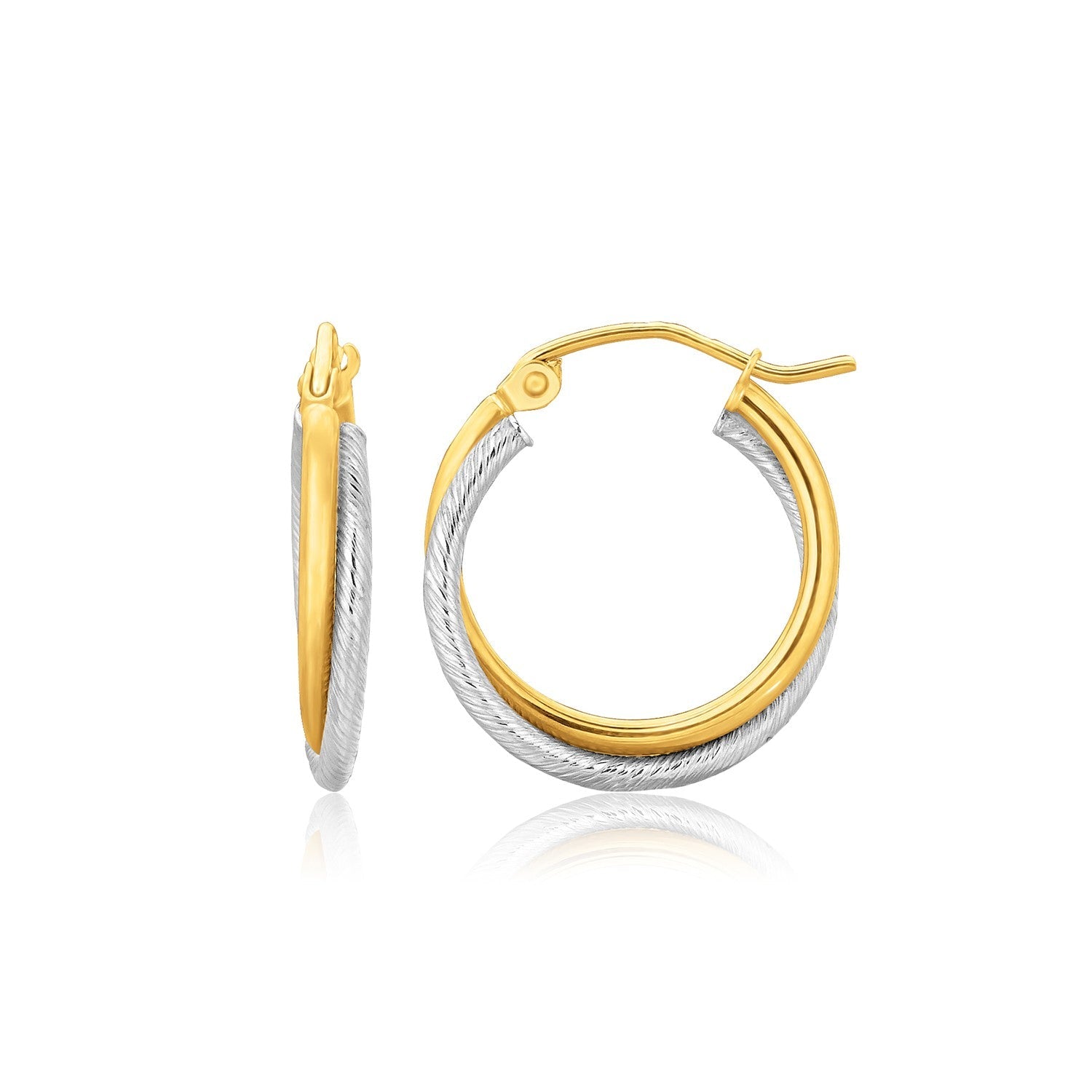 14k Two Tone Gold Double Polished and Textured Hoop Earrings - earrings