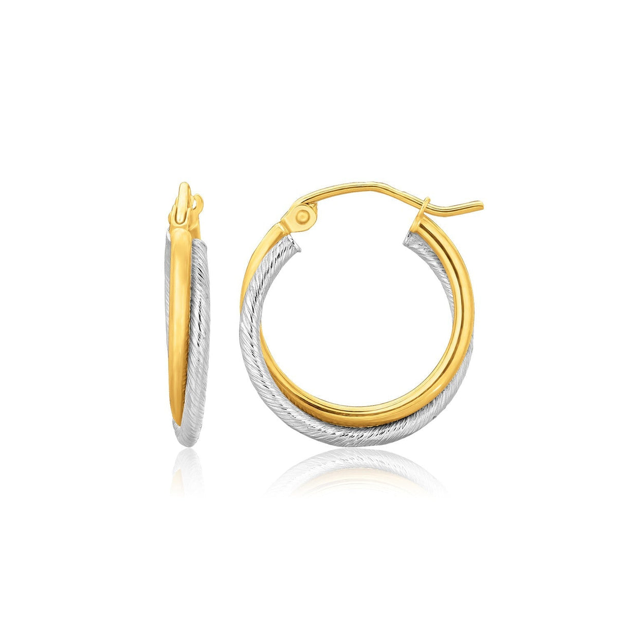 14k Two Tone Gold Double Polished and Textured Hoop Earrings DestGlow