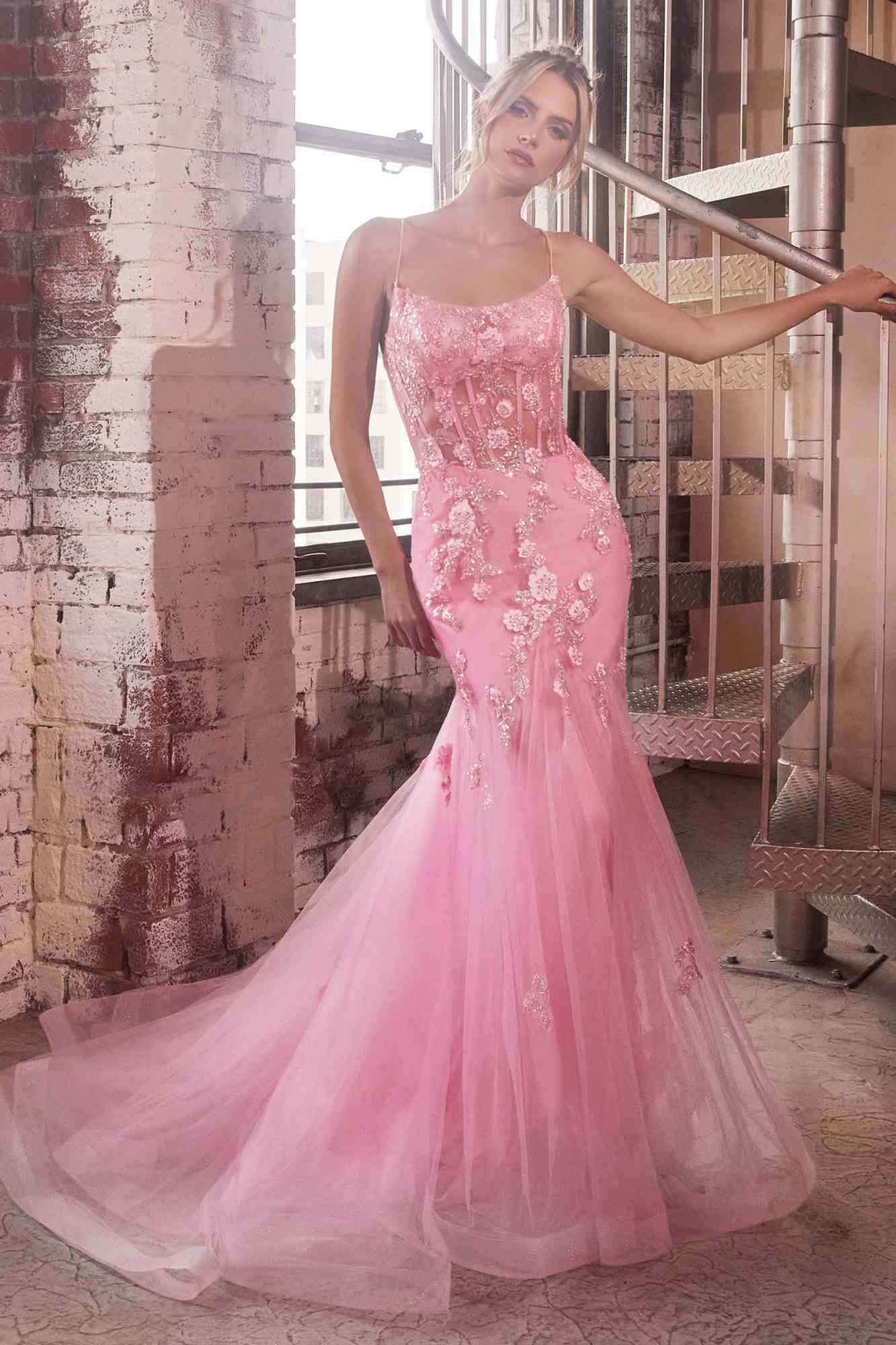 Ladivine D145 Long Sparkly Mermaid Gown Tulle Skirt Corset Back by DiscountDressShop